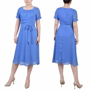NY Collection Short Sleeve Belted Swiss Dot Dress Granada Sky Rectangle PL NWT